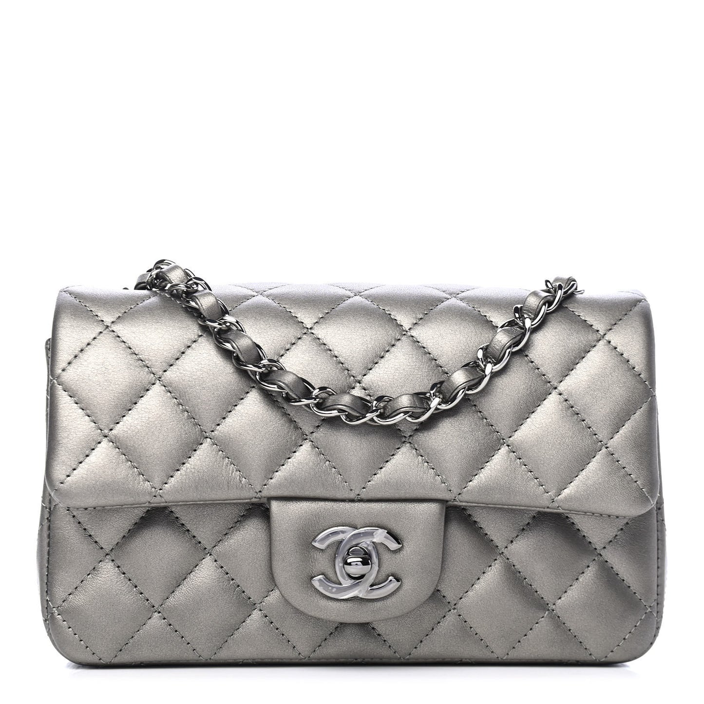 Metallic Calfskin Quilted Mini Rectangular Flap Ruthenium