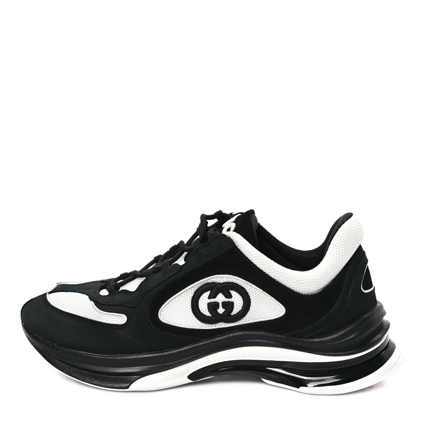 Technical Knit Fabric Suede Calfskin Mens Gucci Run Sneakers 8 Black White