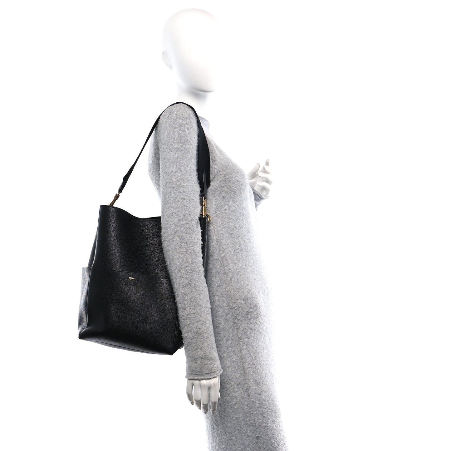 Soft Grained Calfskin Sangle Bucket Bag Black