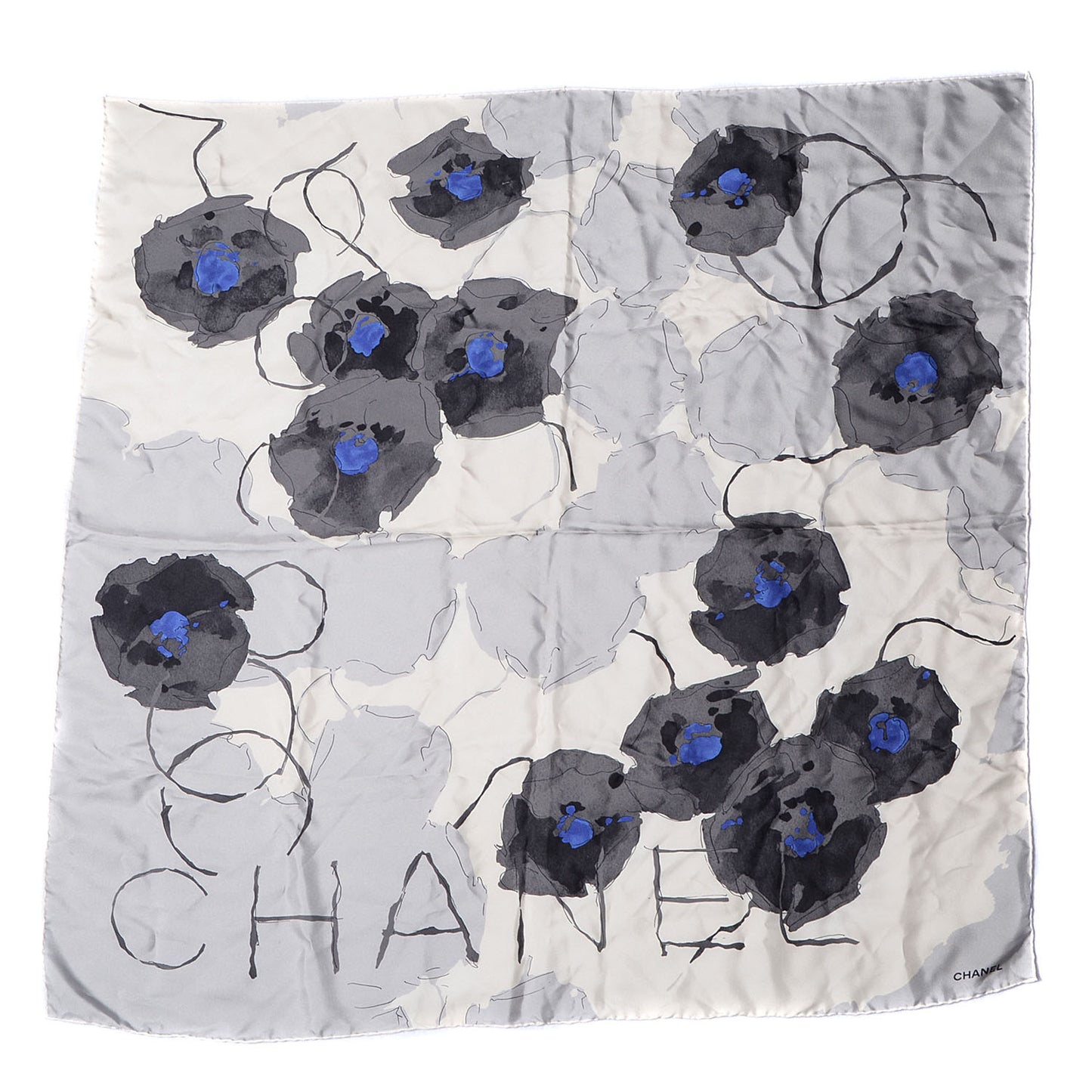 Silk Camellia Flower Square Scarf Grey