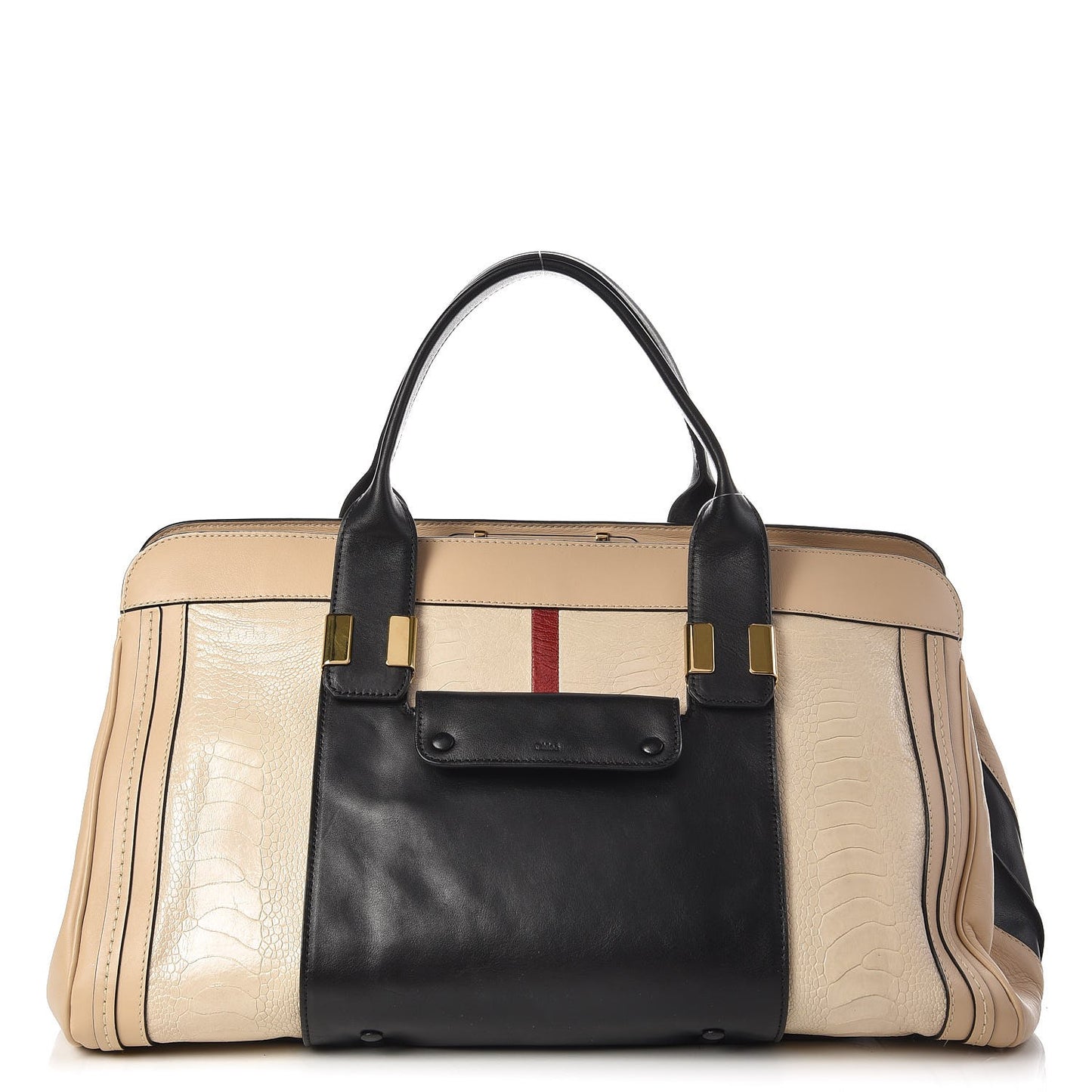 Ostrich Crocodile Embossed Large Alice Satchel Beige Black