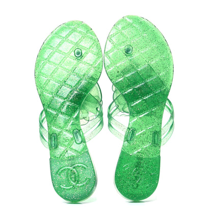 Chanel Jelly Camellia Glitter Thong Sandals 36 Green 6 of 9