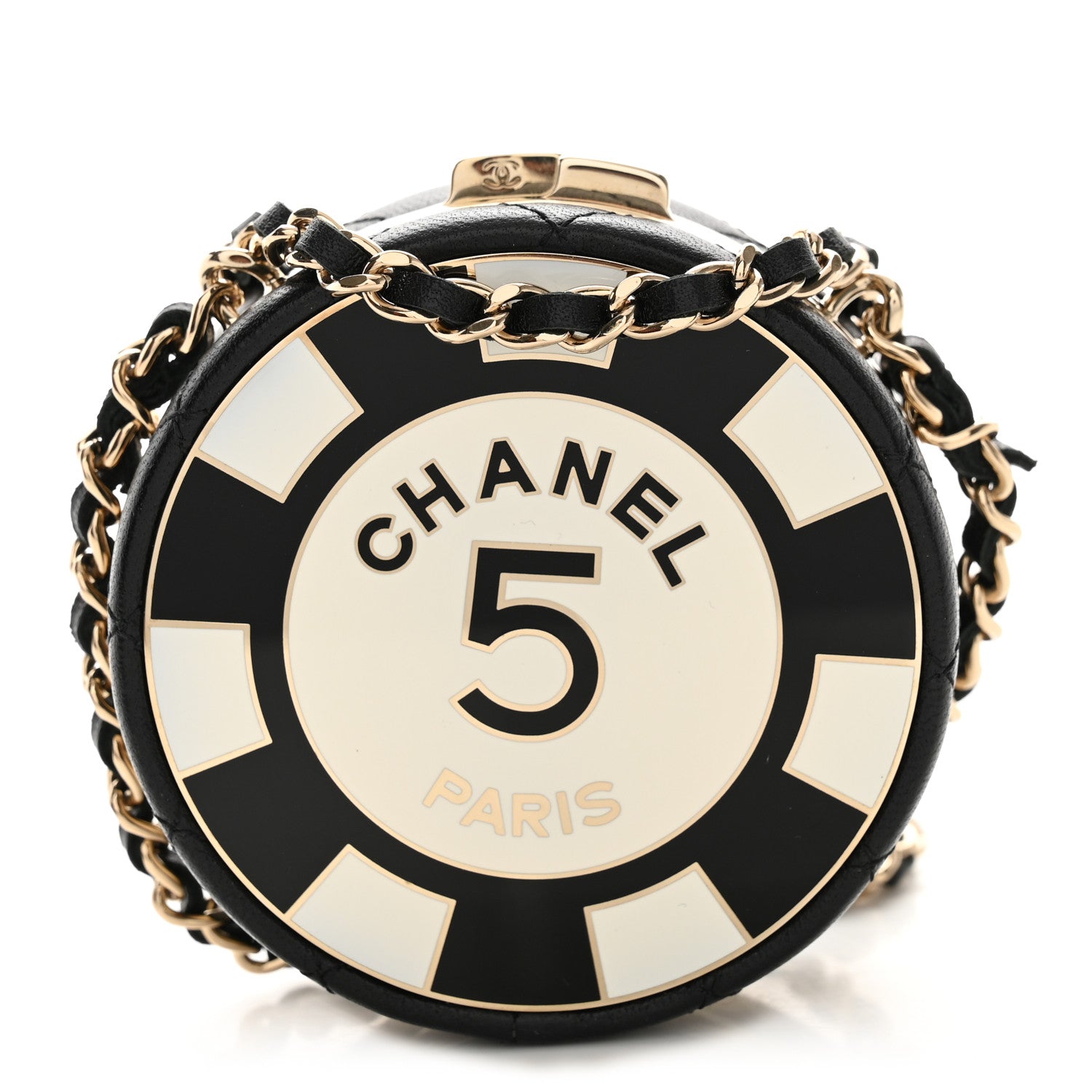 Chanel Lambskin Enamel Quilted Round Poker Chip Clutch With Chain Black White 1 of 11