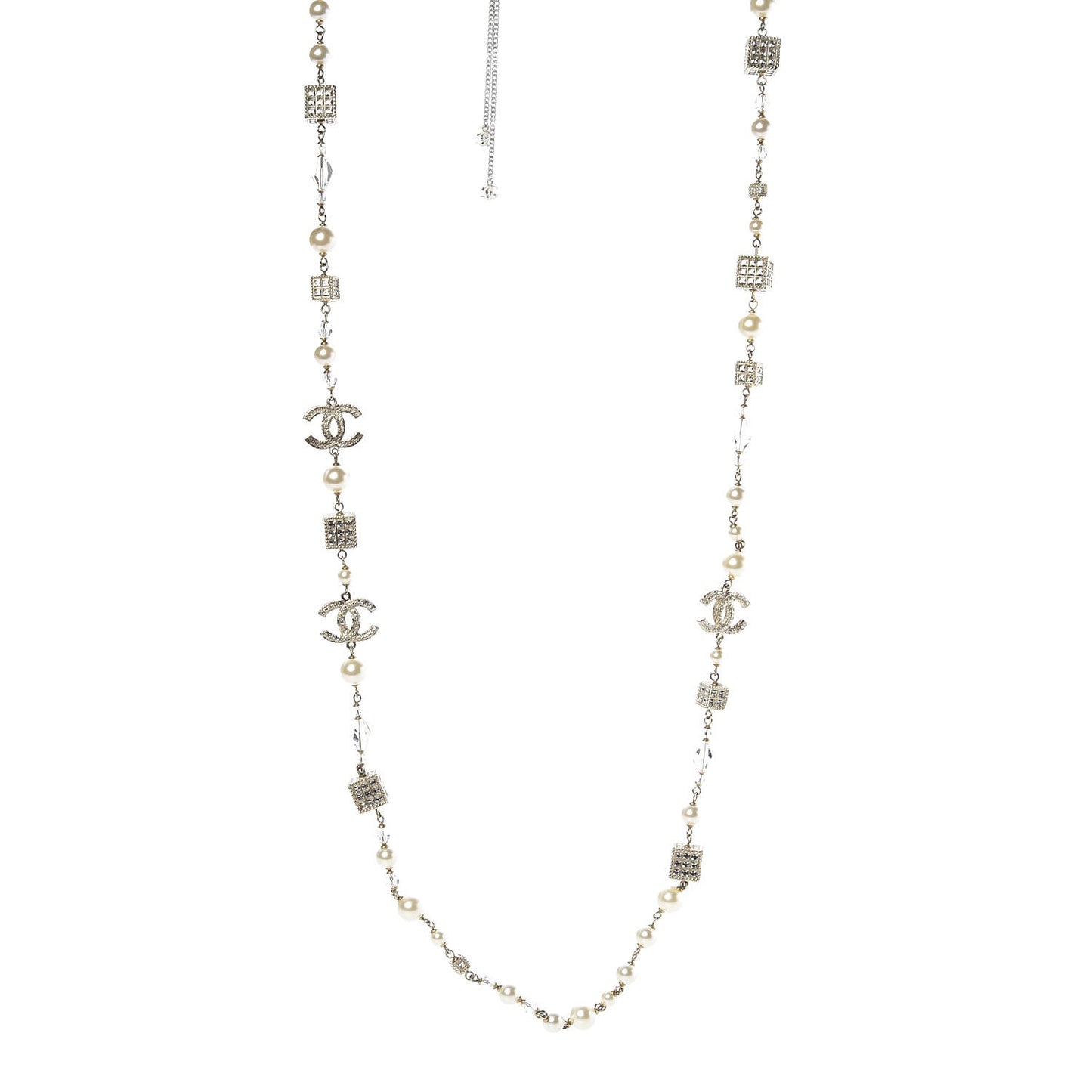 Pearl Baguette Crystal CC Long Necklace Gold