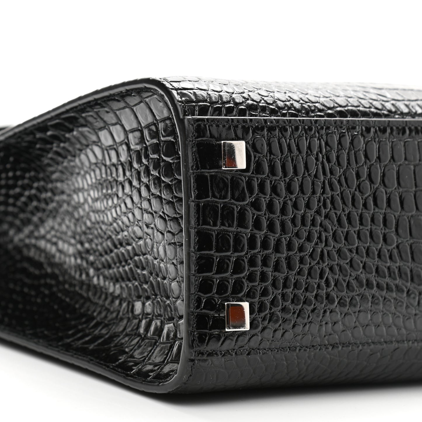 Shiny Calfskin Crocodile Embossed Small Manhattan Shopper Tote Black