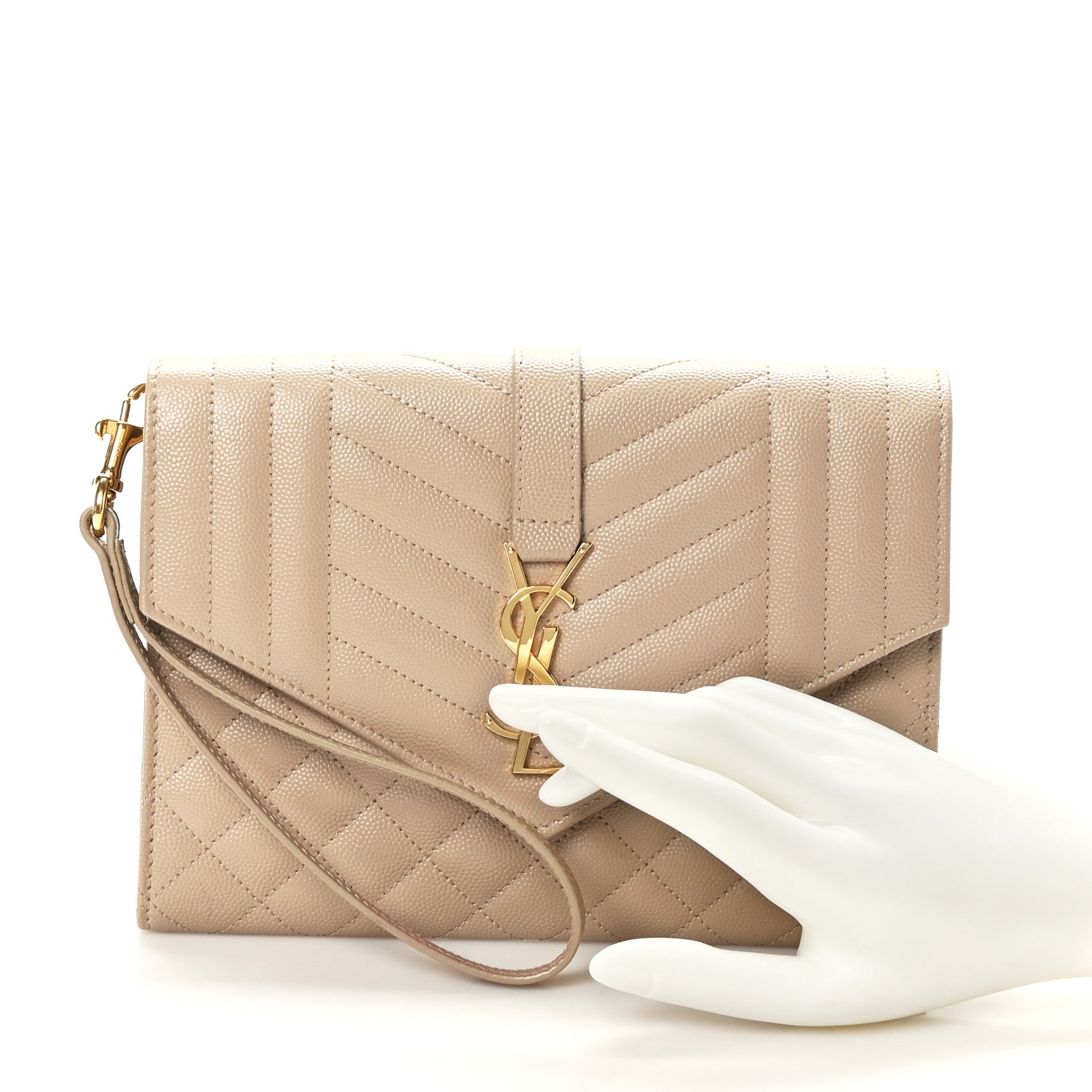 Saint Laurent Grain De Poudre Textured Mixed Matelasse Triquilt Monogram Clutch Dark Beige 3 of 10