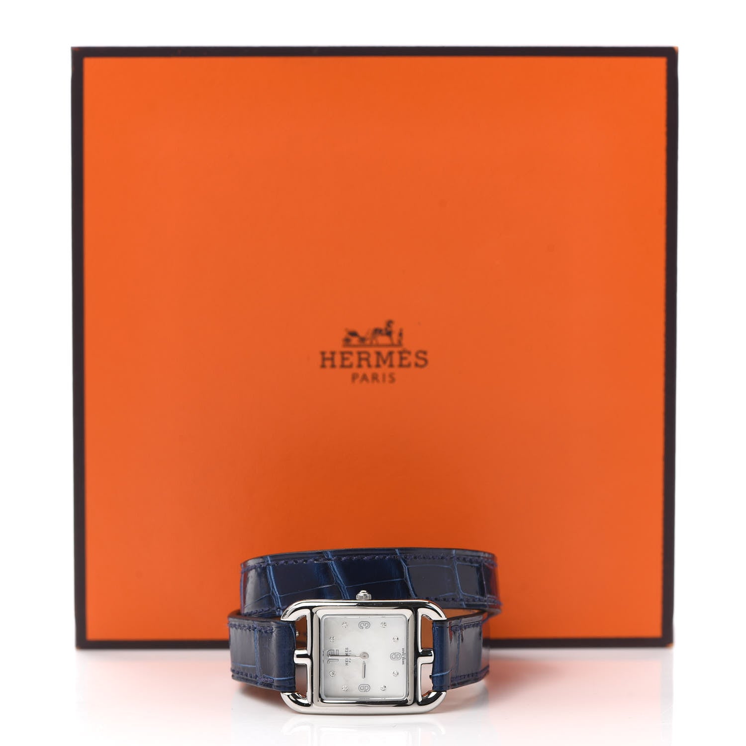 Hermes Stainless Steel Alligator Diamond Mother of Pearl 23mm Cape Cod Double Tour Quartz Watch Bleu Saphir 5 of 5