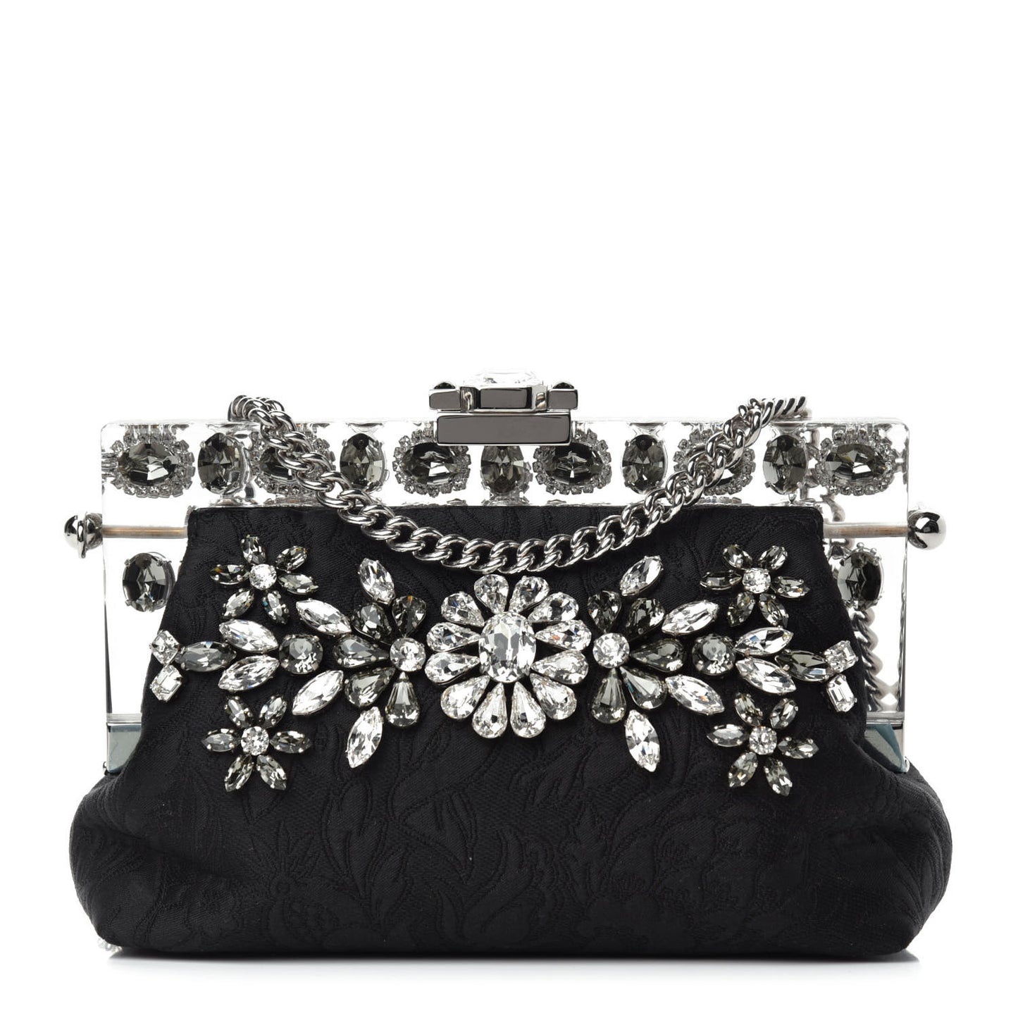 Satin Lace Crystal Embellished Plexis Glass Chain Clutch Black