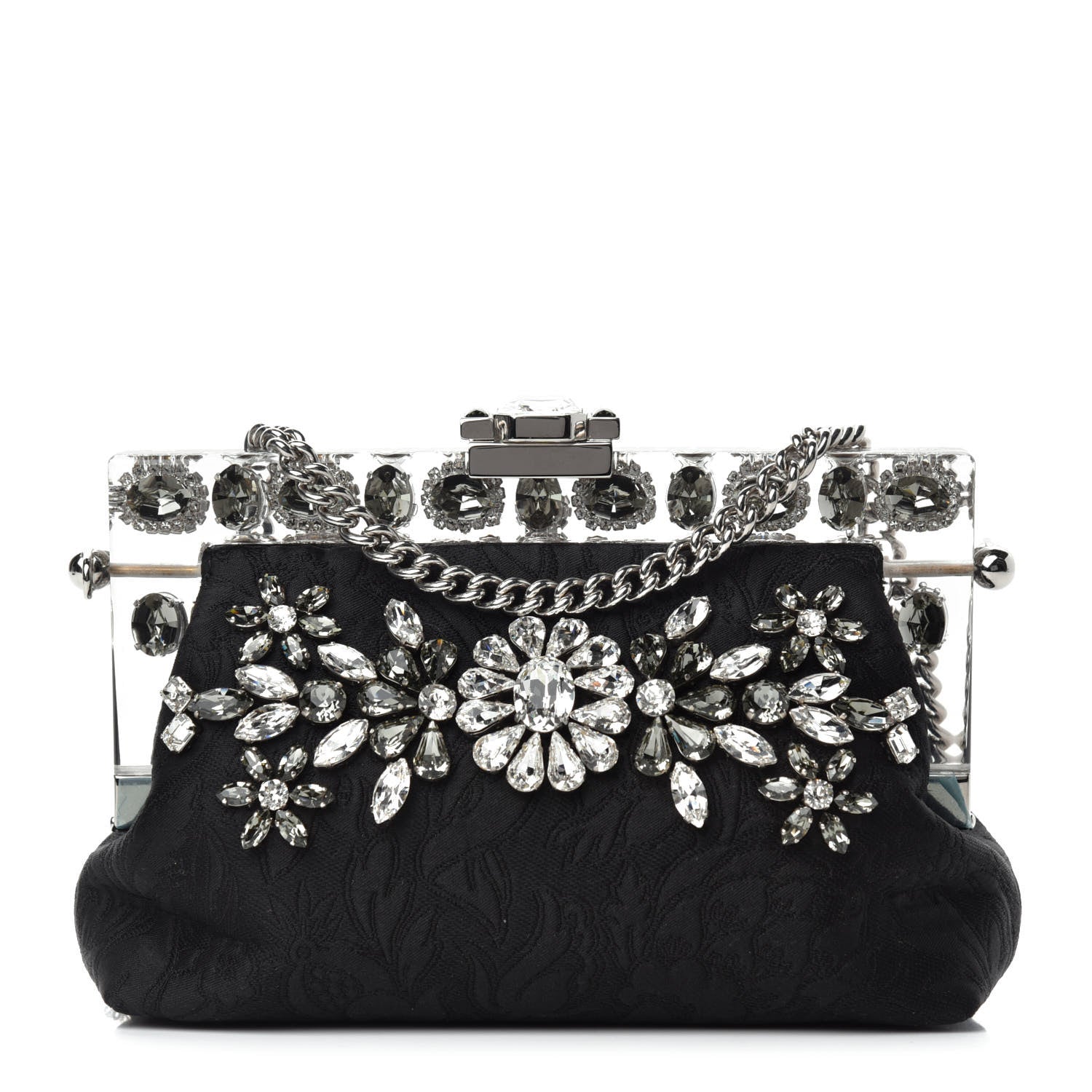 Dolce & Gabbana Satin Lace Crystal Embellished Plexis Glass Chain Clutch Black 1 of 9