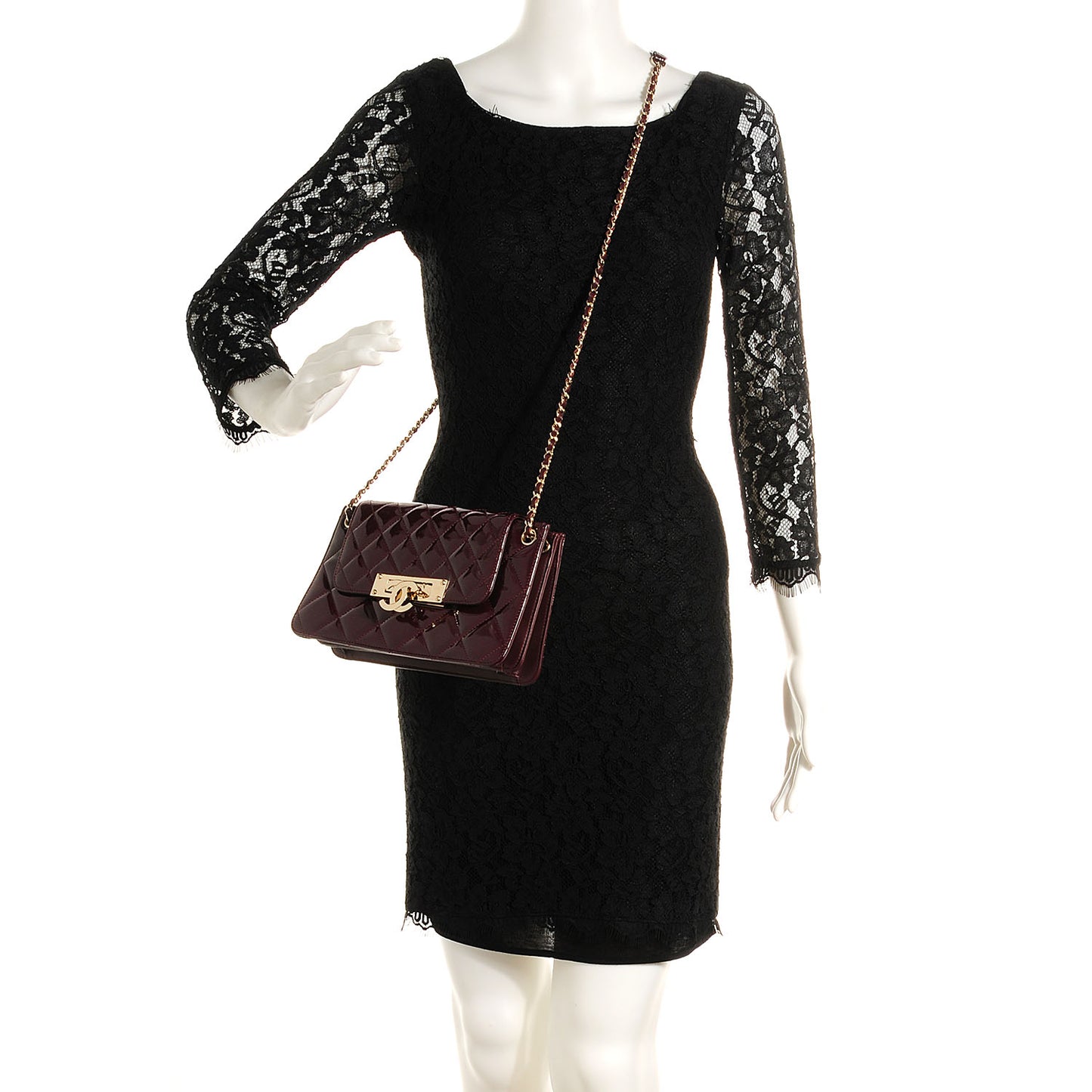 Patent Quilted Golden Class Wallet on Chain WOC Burgundy