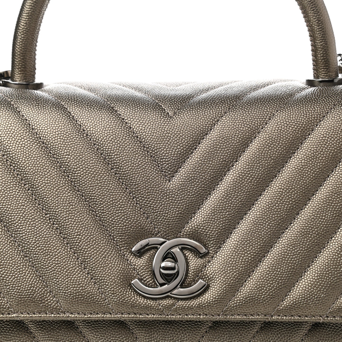 Metallic Caviar Chevron Quilted Small Coco Handle Flap Light Gold