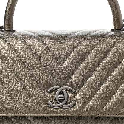 Chanel Metallic Caviar Chevron Quilted Small Coco Handle Flap Light Gold 8 of 10