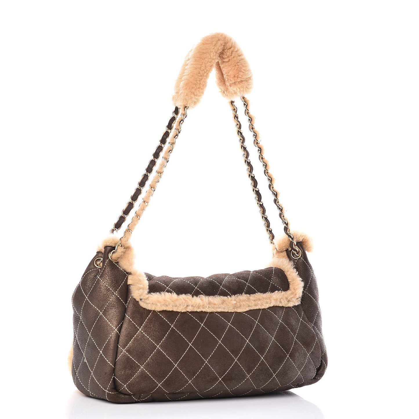 Shearling Suede Quilted Fur Flap Metallic Bronze