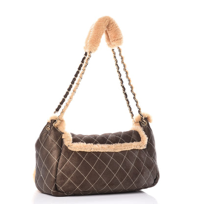 Chanel Shearling Suede Quilted Fur Flap Metallic Bronze 3 of 10