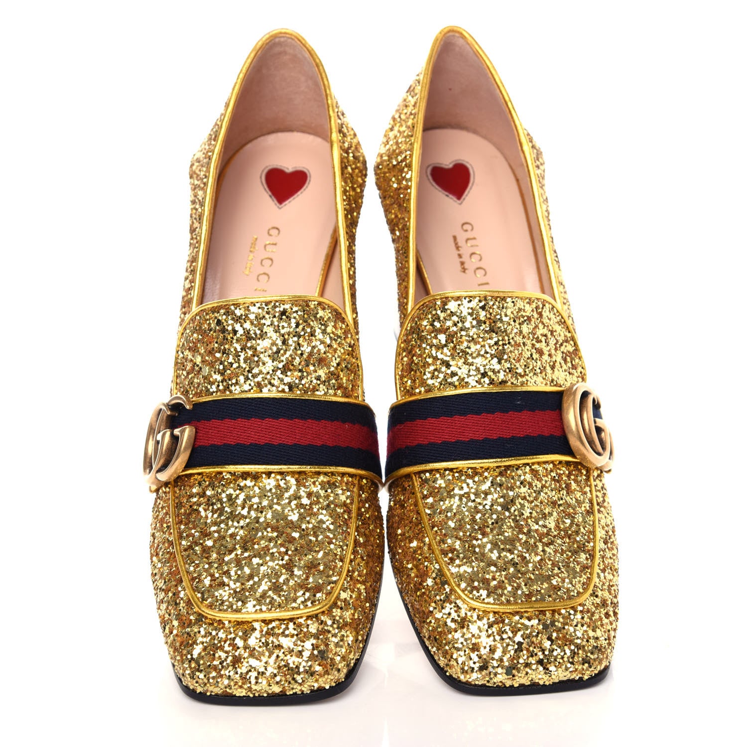 Gucci Glitter Nappa Web Peyton 75mm Loafer Pumps 38.5 Oro Vecchio 5 of 11