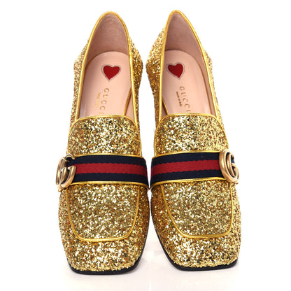 Gucci Glitter Nappa Web Peyton 75mm Loafer Pumps 38.5 Oro Vecchio 5 of 11