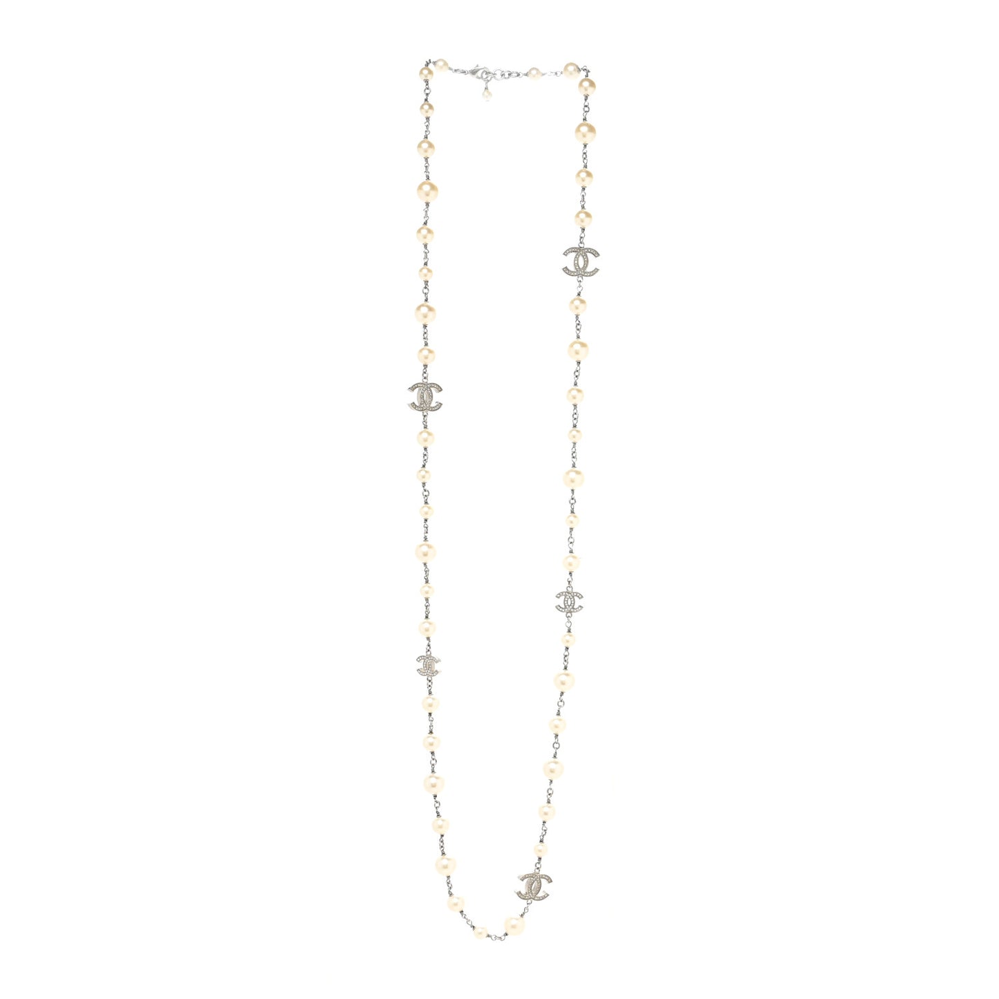 Graduated Pearl Crystal CC Long Necklace Silver