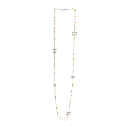 Chanel Graduated Pearl Crystal CC Long Necklace Silver 2 of 3