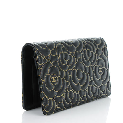 Chanel Lambskin Camellia Embossed Yen Wallet Black Gold 3 of 8
