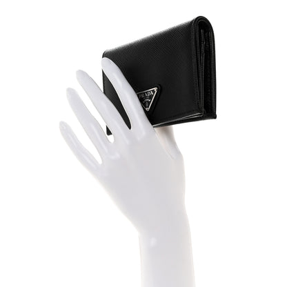 Prada Saffiano Triangle Bi-Fold Card Holder Wallet Black 2 of 7
