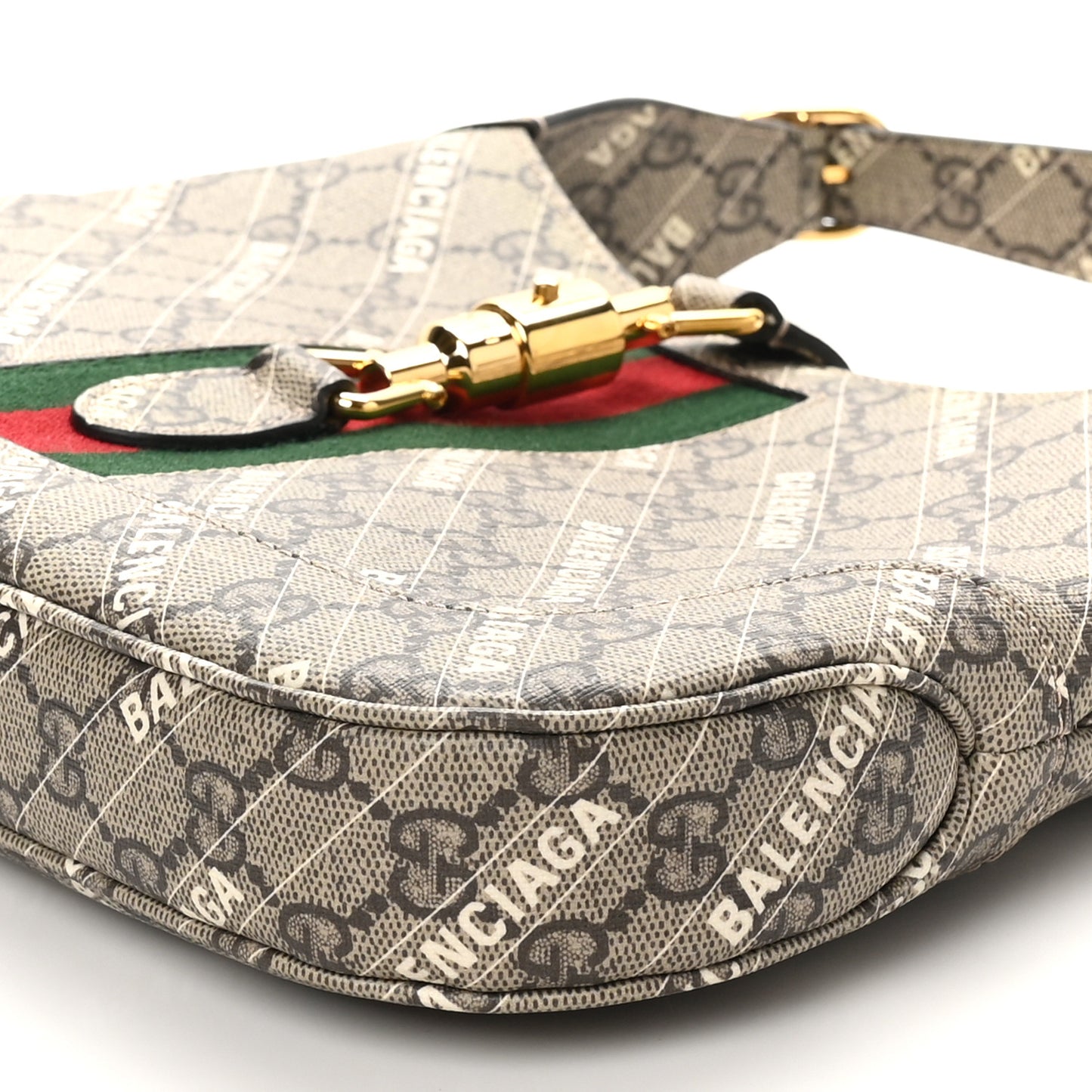 X BALENCIAGA GG Supreme Monogram Striped Logo Print Web Small Jackie 1961 Hobo Beige Ebony Mystic White
