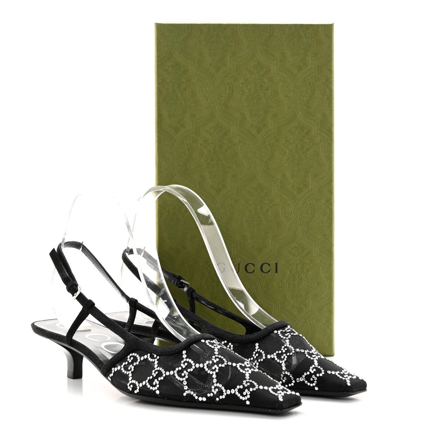 Gucci Suede Mesh Crystal GG Monogram Slingback Pumps 39 Black 11 of 11