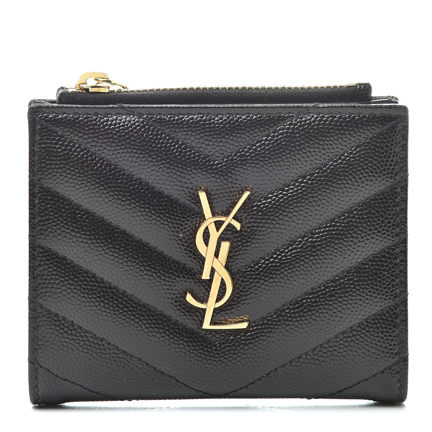 Saint Laurent Grain De Poudre Matelasse Chevron Monogram Zipped Card Case Black 1 of 7