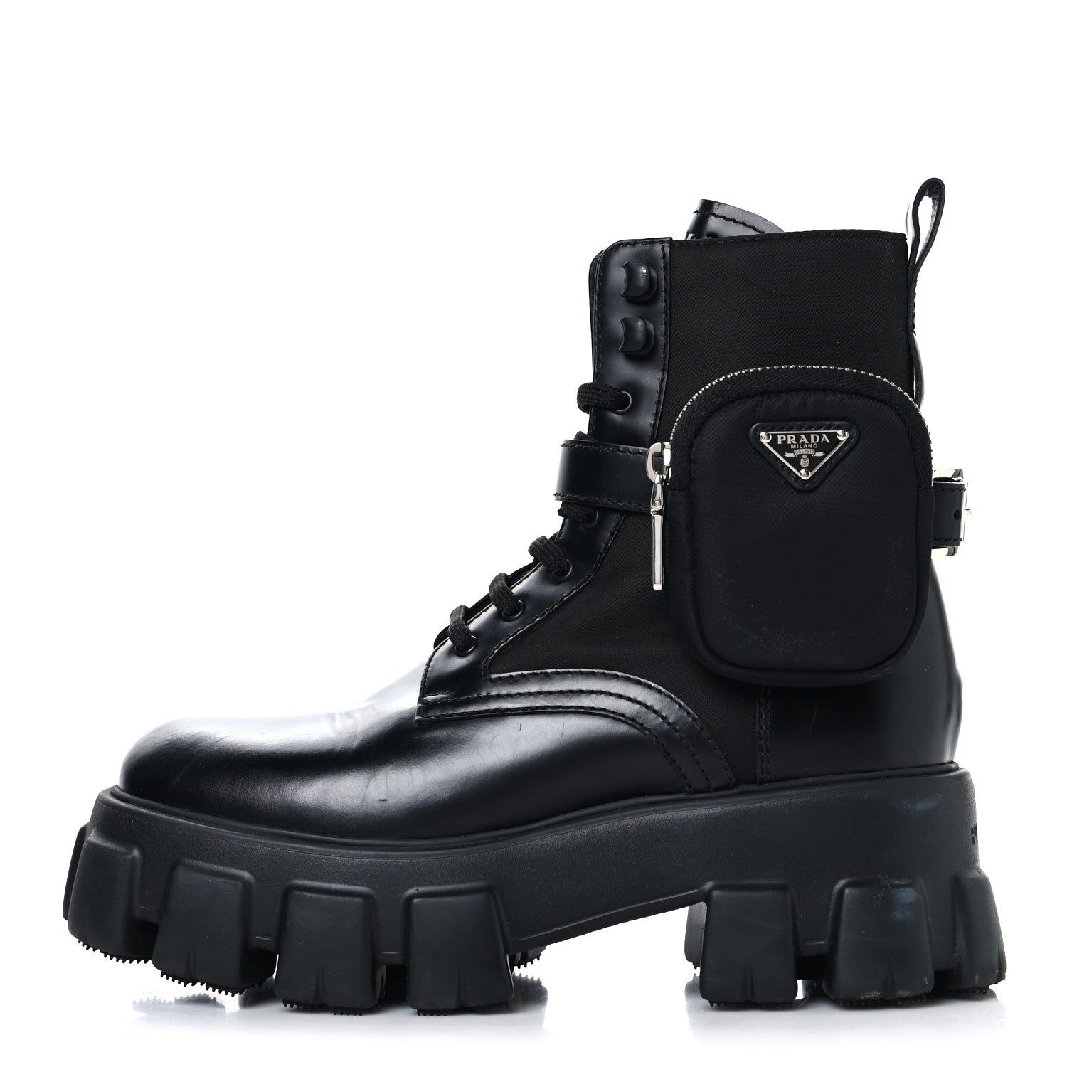 Prada Spazzolato Rois Nylon Metal Triangle Logo Monolith Pouch Pocket 55mm Boots 37.5 Black 1 of 9