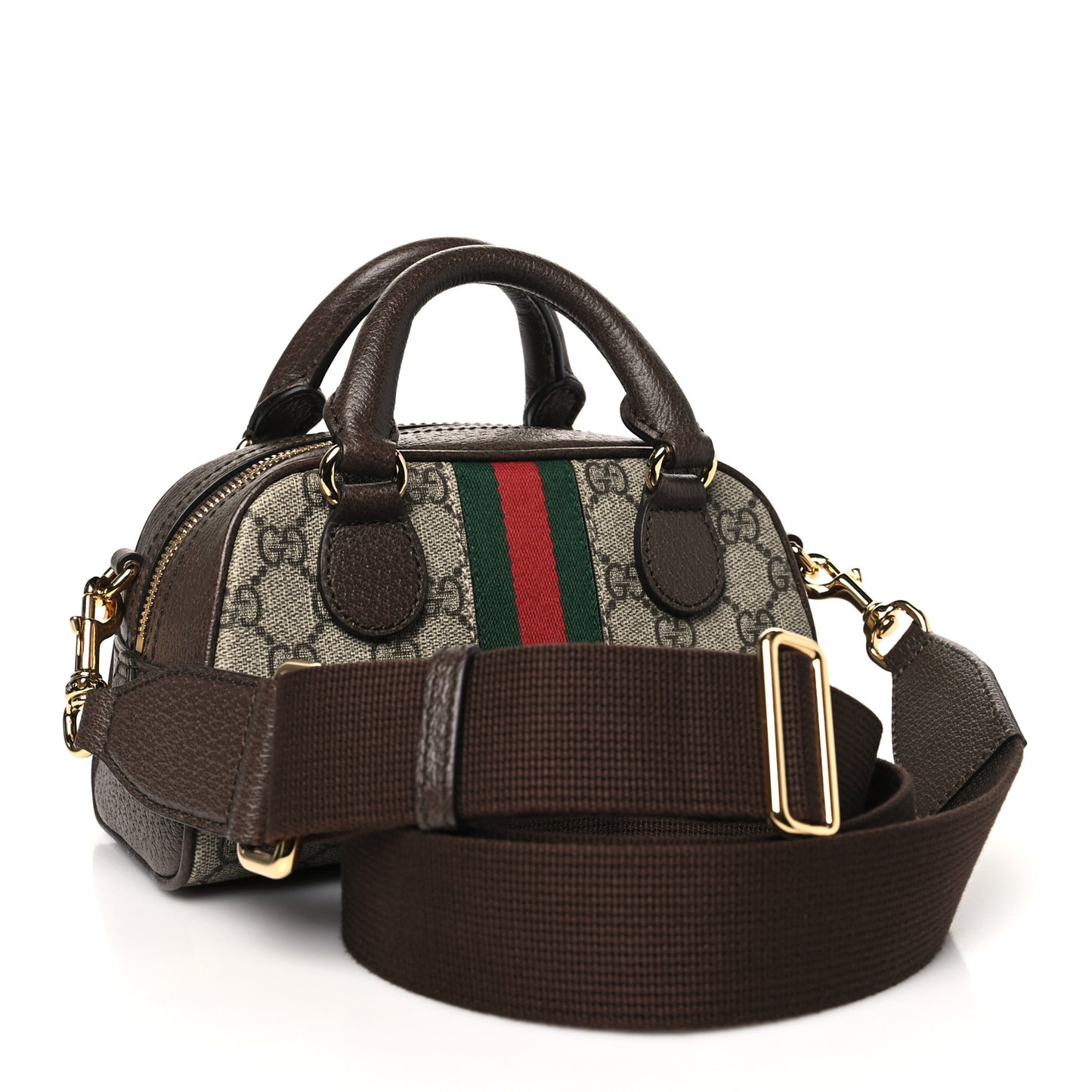 GG Supreme Monogram Textured Dollar Calfskin Web Mini Ophidia Top Handle Bowler Bag Beige Ebony New Acero