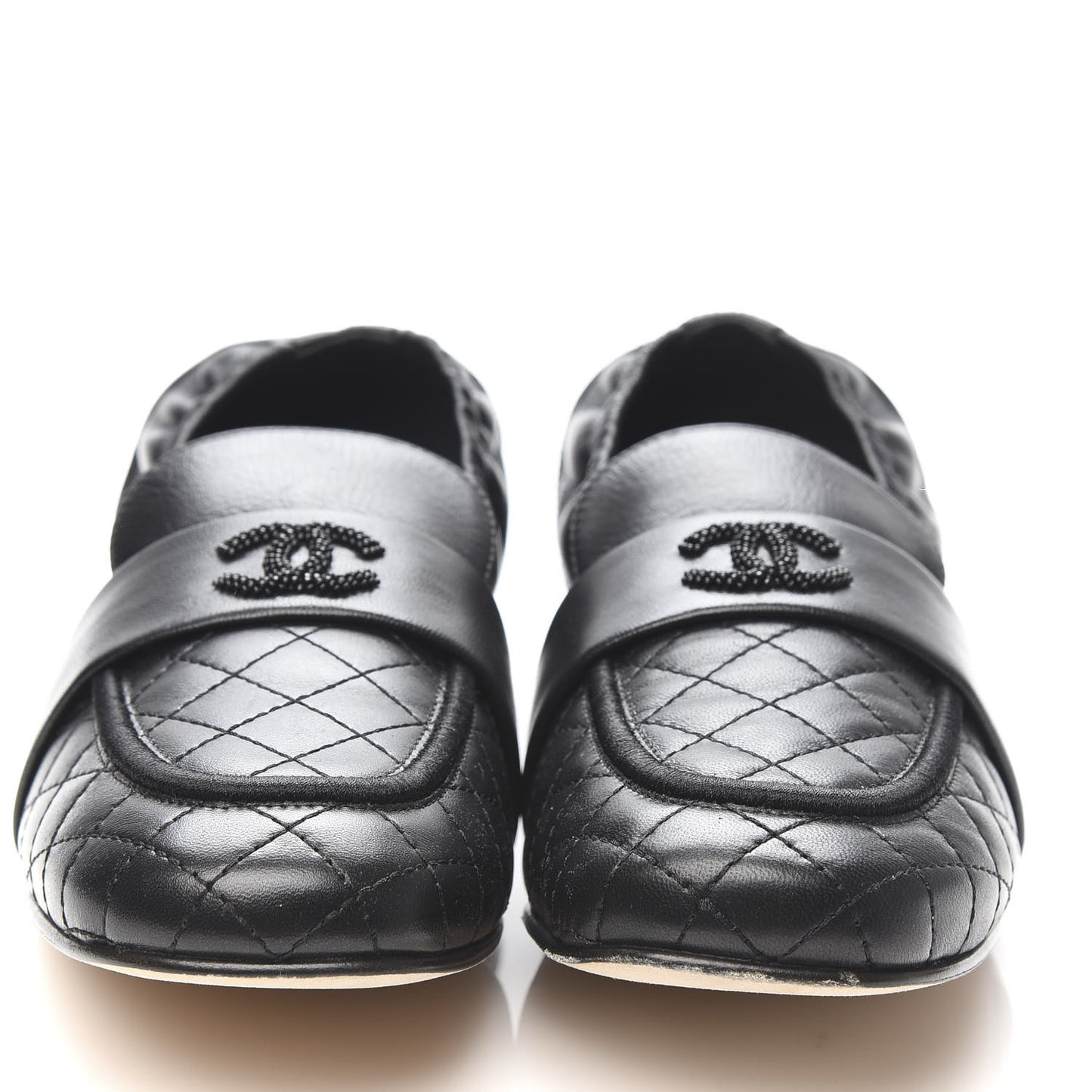 Laminated Lambskin Womens Quilted Elastic CC Moccasin Loafers 38.5 Black