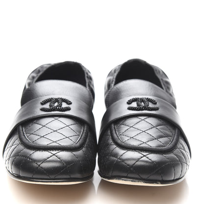 Chanel Laminated Lambskin Womens Quilted Elastic CC Moccasin Loafers 38.5 Black 2 of 9