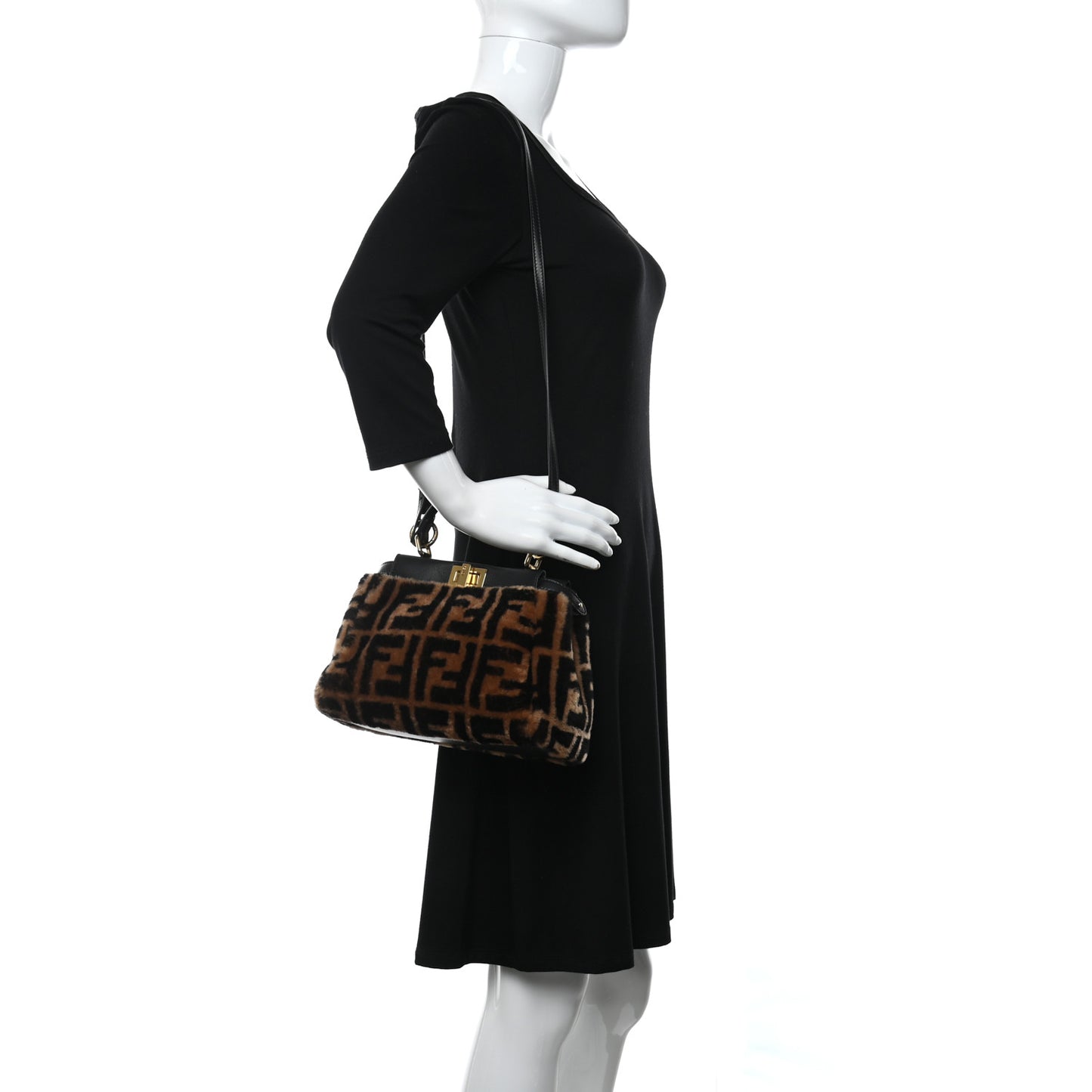 Shearling Nappa Macro FF 1974 Mini Peekaboo Iconic Satchel Tobacco Black
