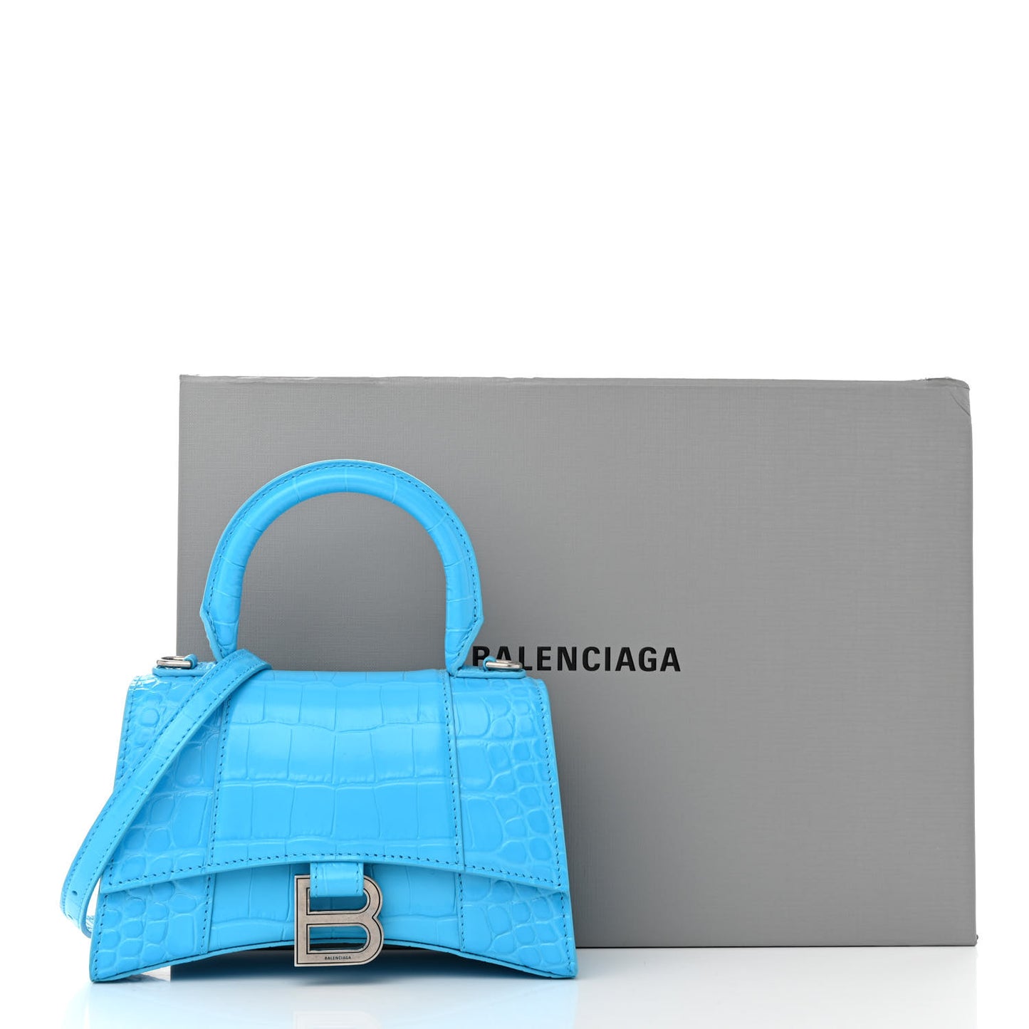 Shiny Calfskin Crocodile Embossed Hourglass Top Handle Bag XS Cyan
