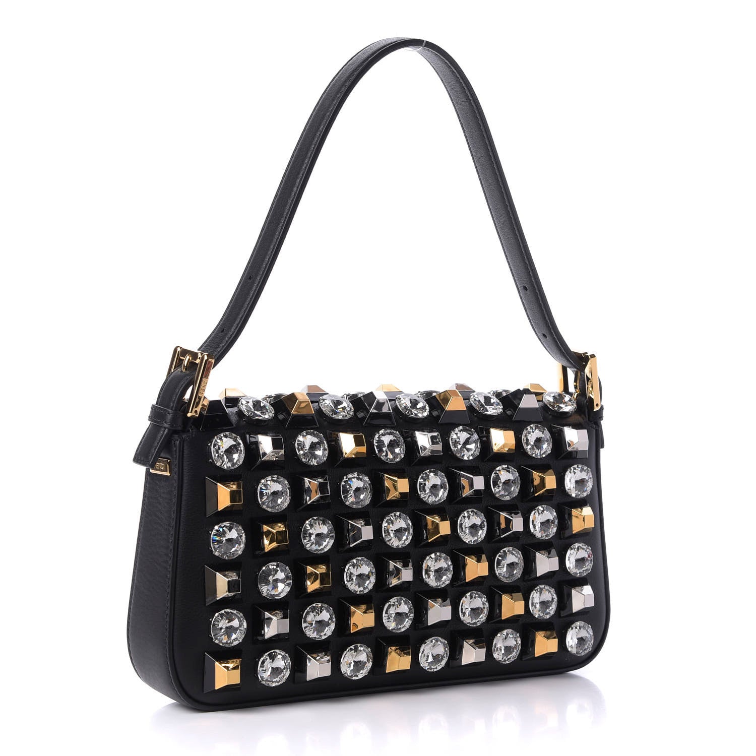 Fendi Vitello Dolce Studded Baguette Black Gold 3 of 9