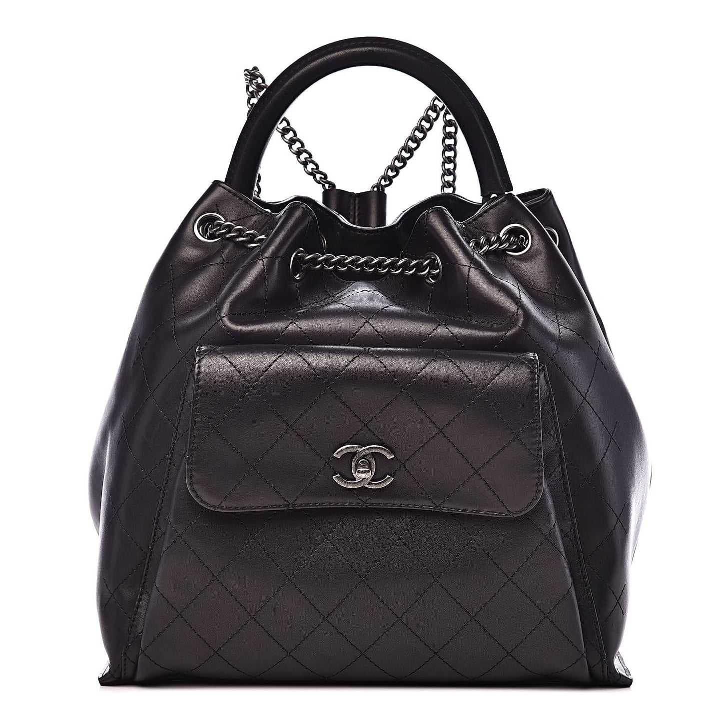 Calfskin Stitched Large Urban Luxury Drawstring Backpack Black