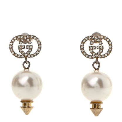 Gucci Metal Crystal Pearl Interlocking G Earrings Shiny Gold 2 of 8