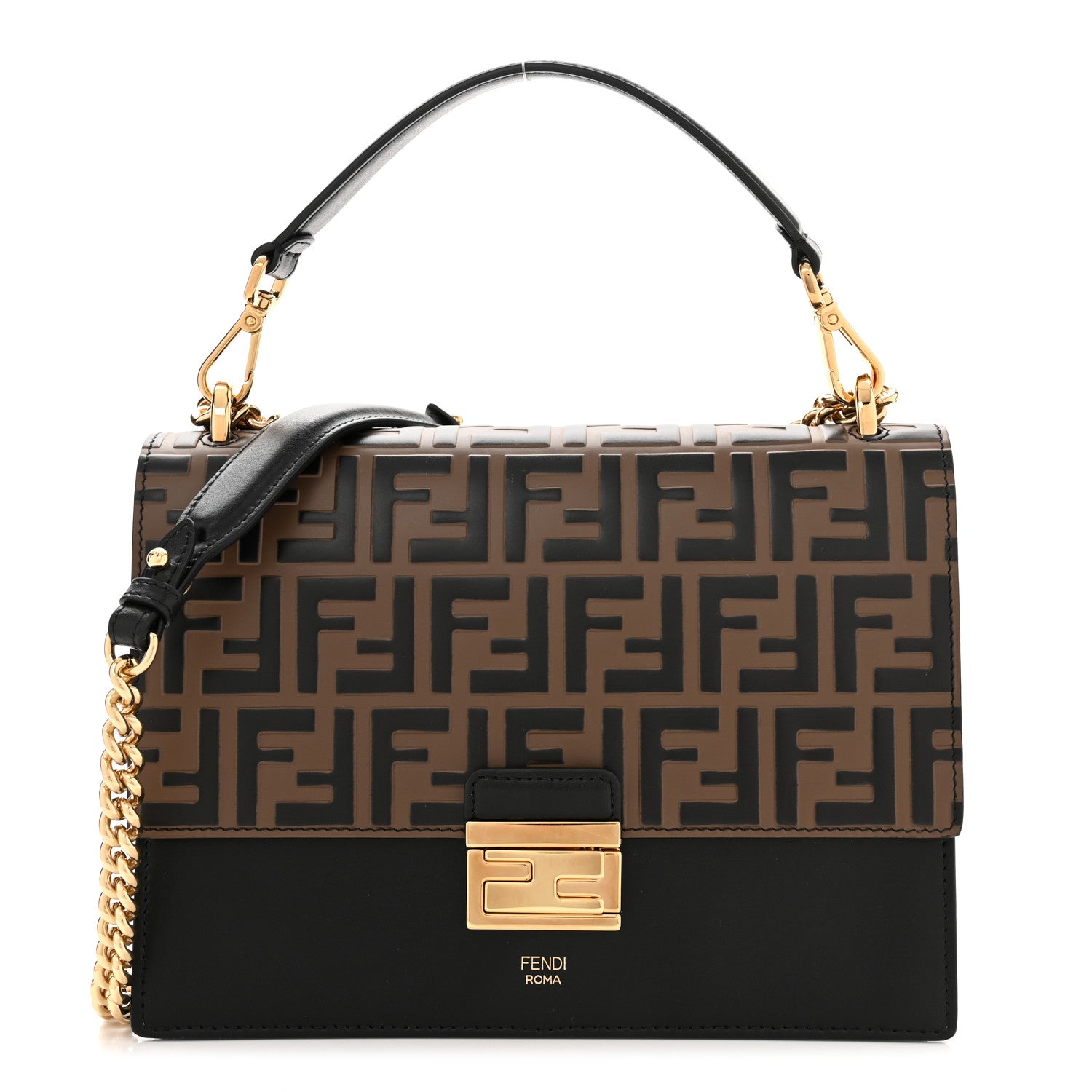 Fendi Vitello Liberty Bi-Color FF 1974 Embossed Chain Strap Kan U Shoulder Bag Black Maya 1 of 9