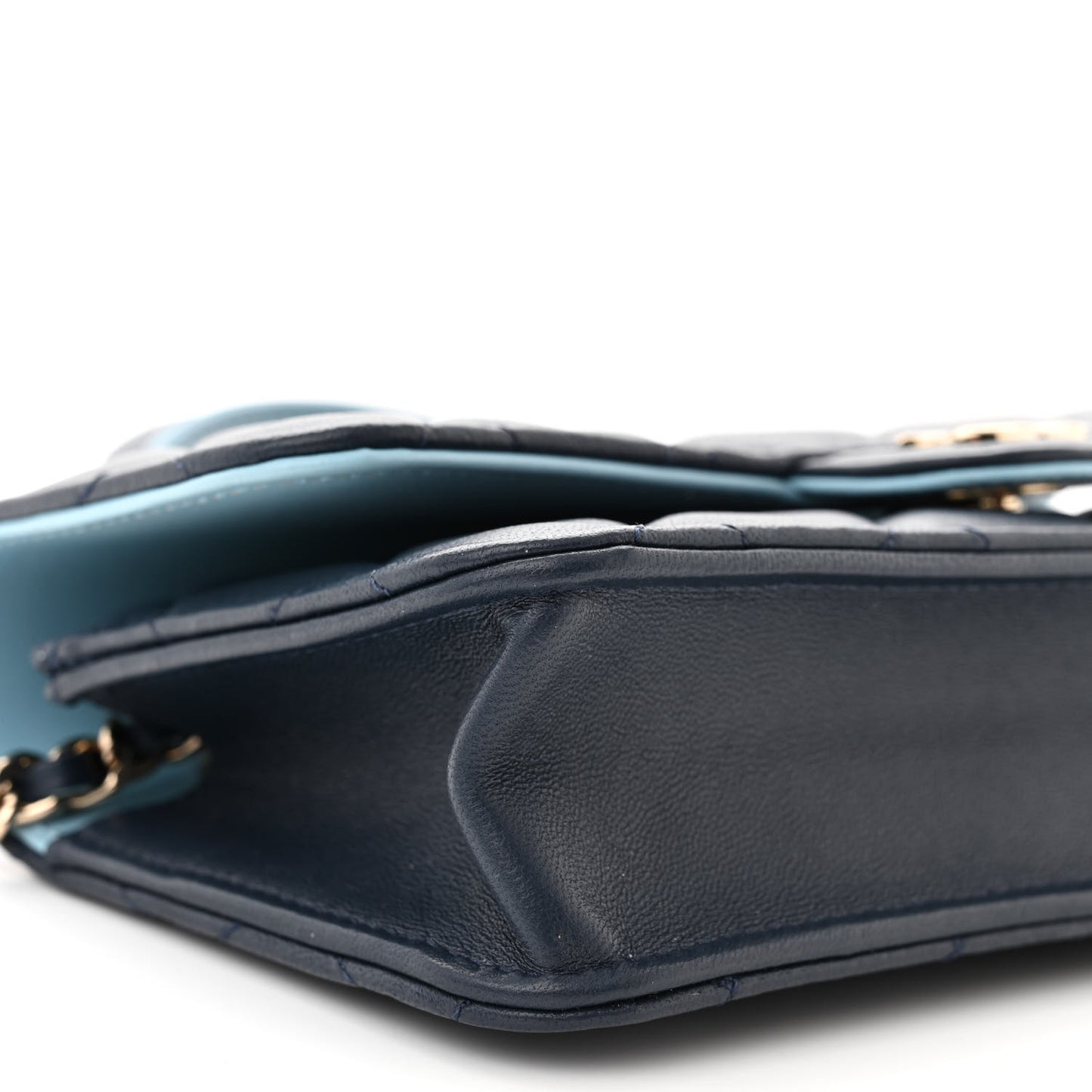 Lambskin Quilted Flap Phone Holder With Chain Dark Blue Light Blue