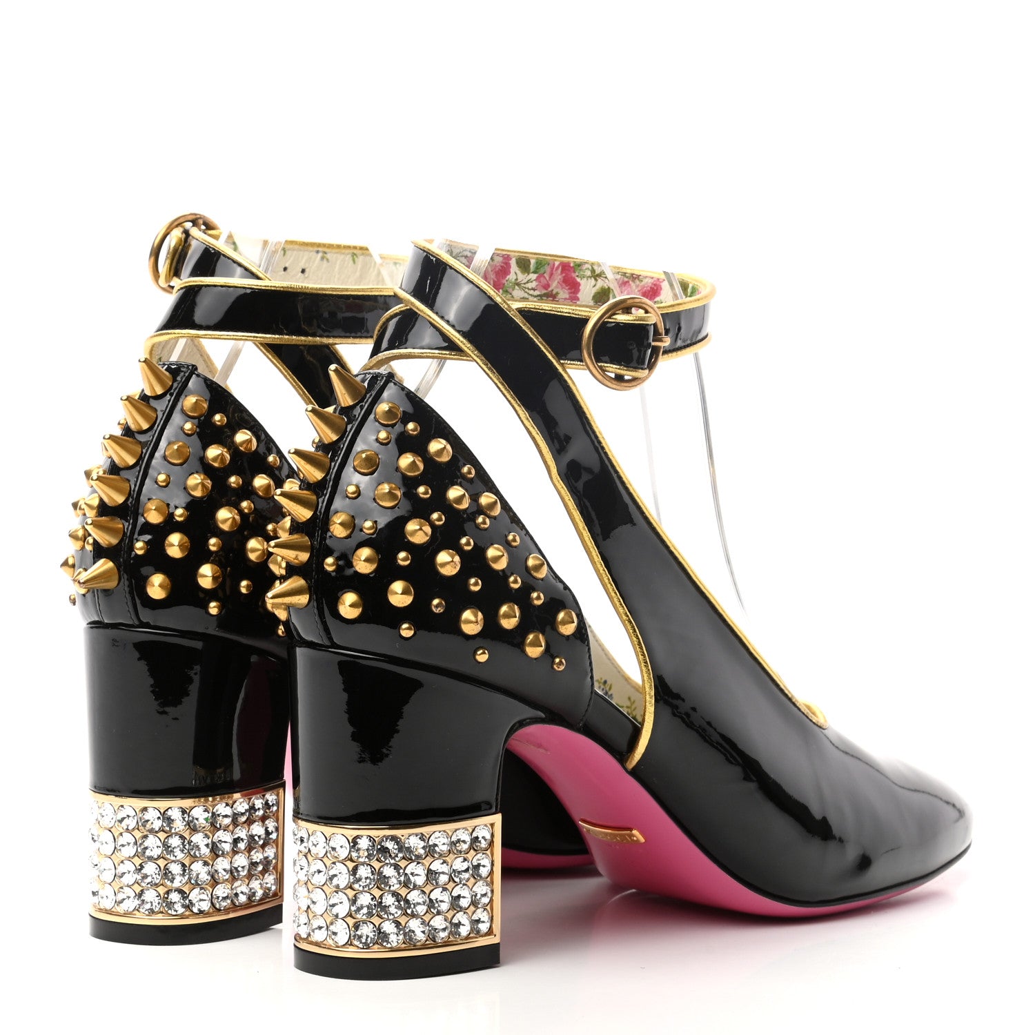 Gucci Patent Studded Crystal Block-Heel Pumps 39.5 Black Gold 4 of 9