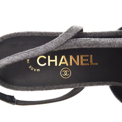 Chanel Wool Velvet Cap Toe CC Slingback Pumps 40 Black Grey 7 of 9