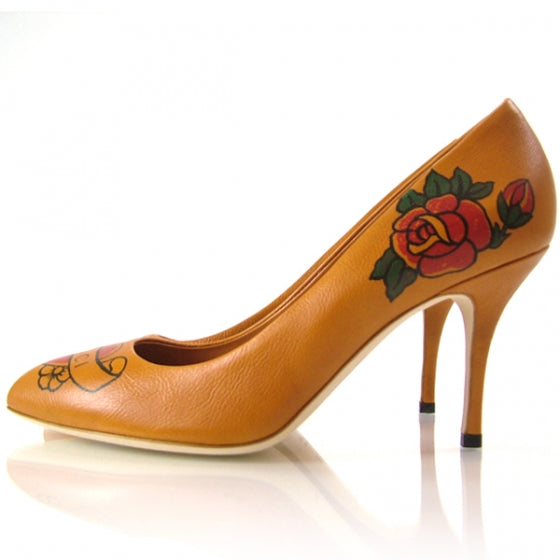 Leather Heart Tattoo Pumps 39.5 Tan
