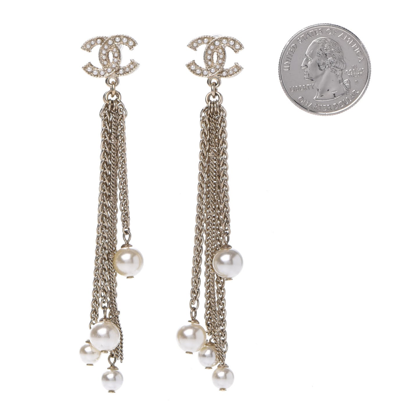 Glass Pearl CC Long Drop Earrings Gold