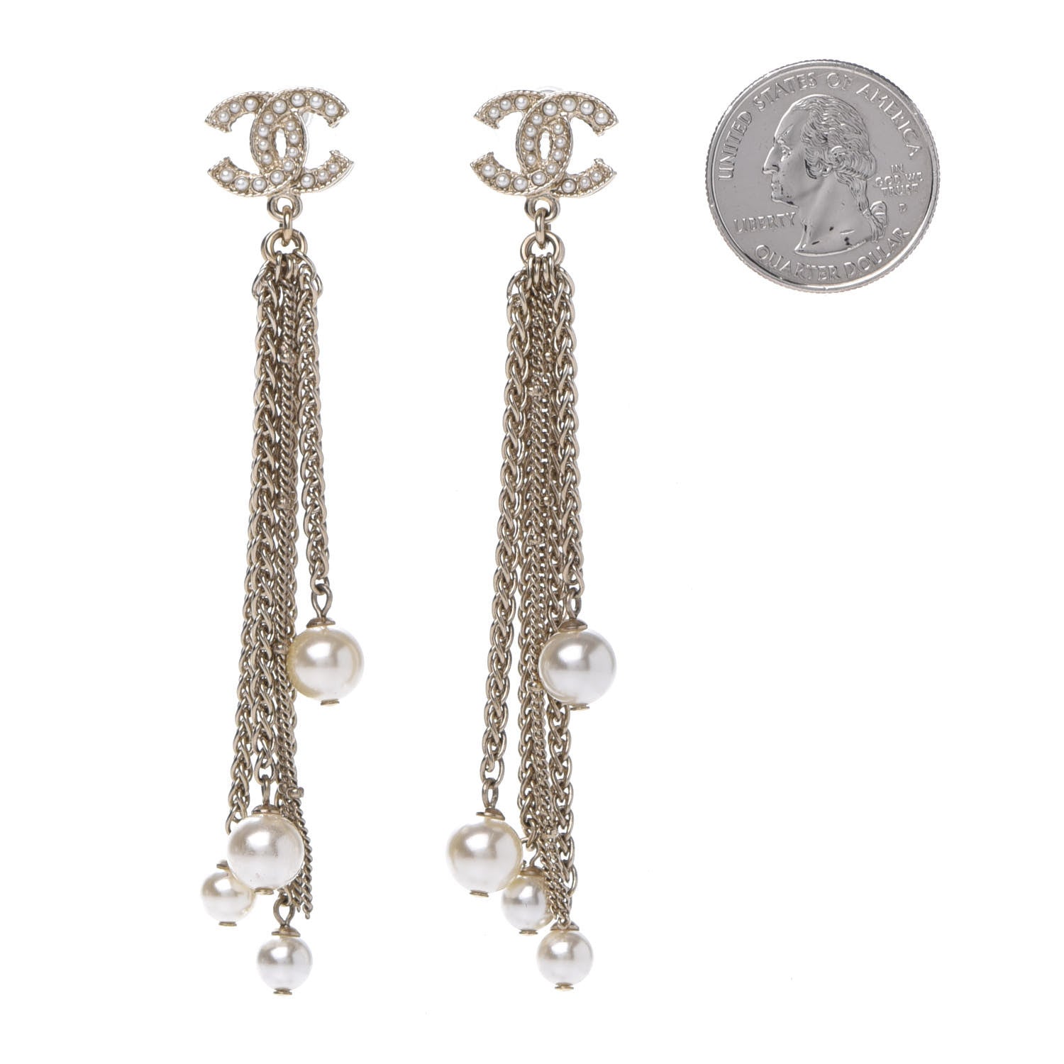 Chanel Glass Pearl CC Long Drop Earrings Gold 2 of 5