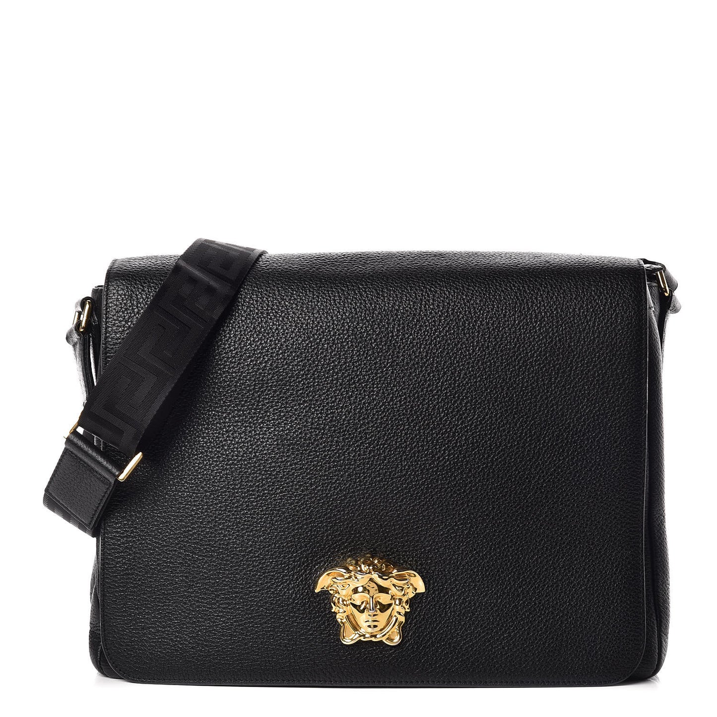 Grained Calfskin Medusa Head Messenger Bag Black