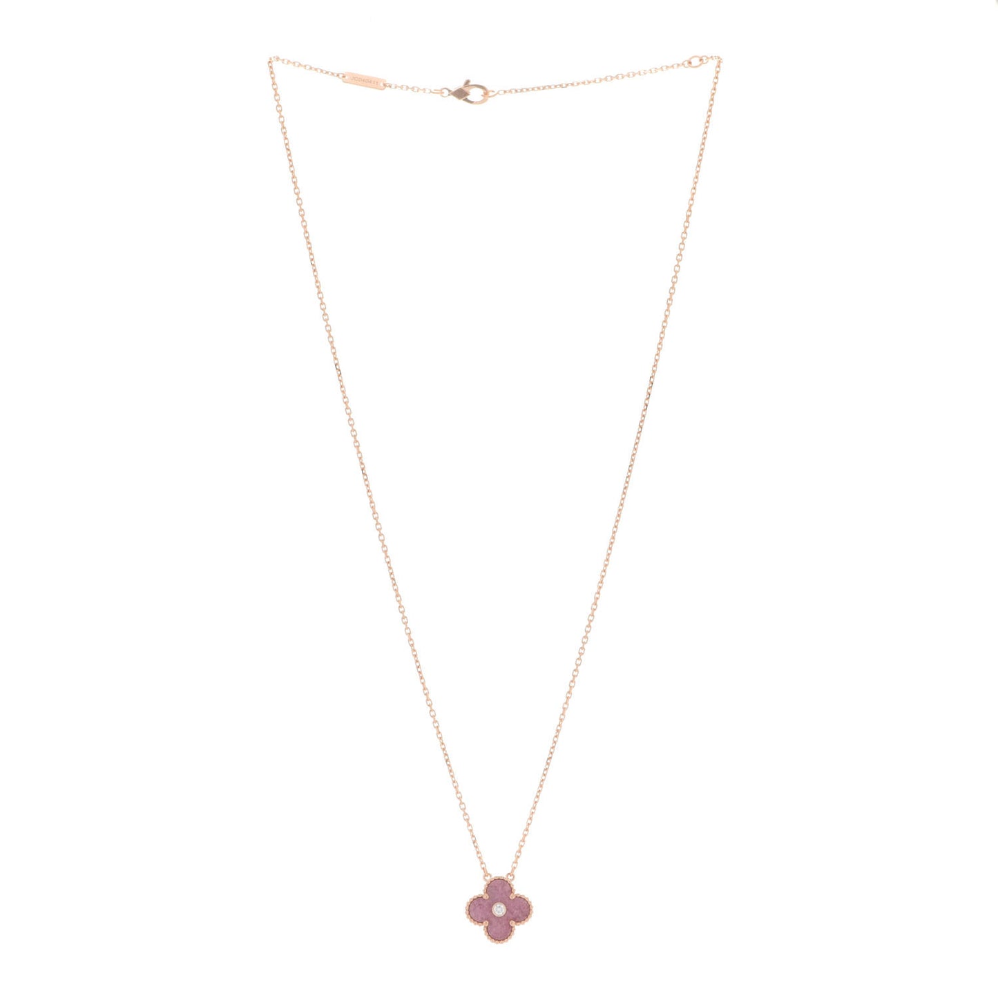 18K Rose Gold Diamond Rhodonite Vintage Alhambra Pendant Necklace