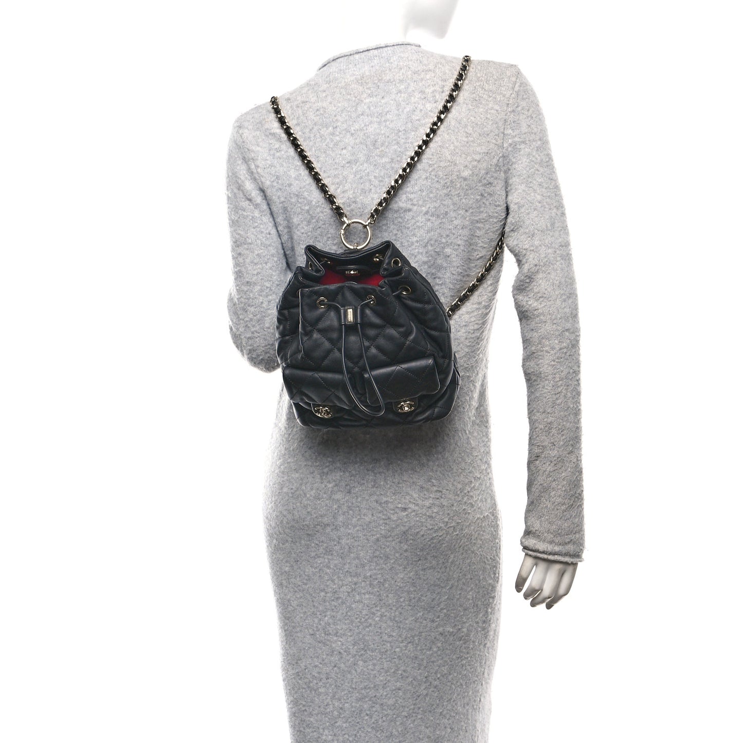 Lambskin Quilted Double Pocket Drawstring Backpack Black