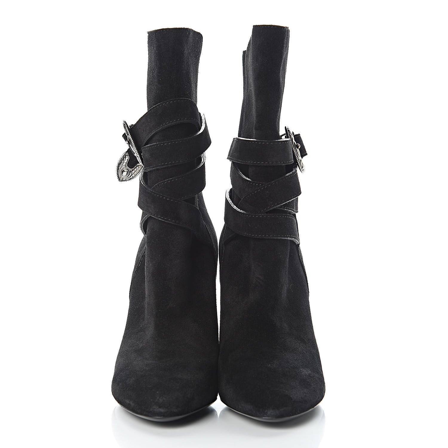 Saint Laurent Suede Mica Buckle Western Ankle Booties 37.5 Black 2 of 10