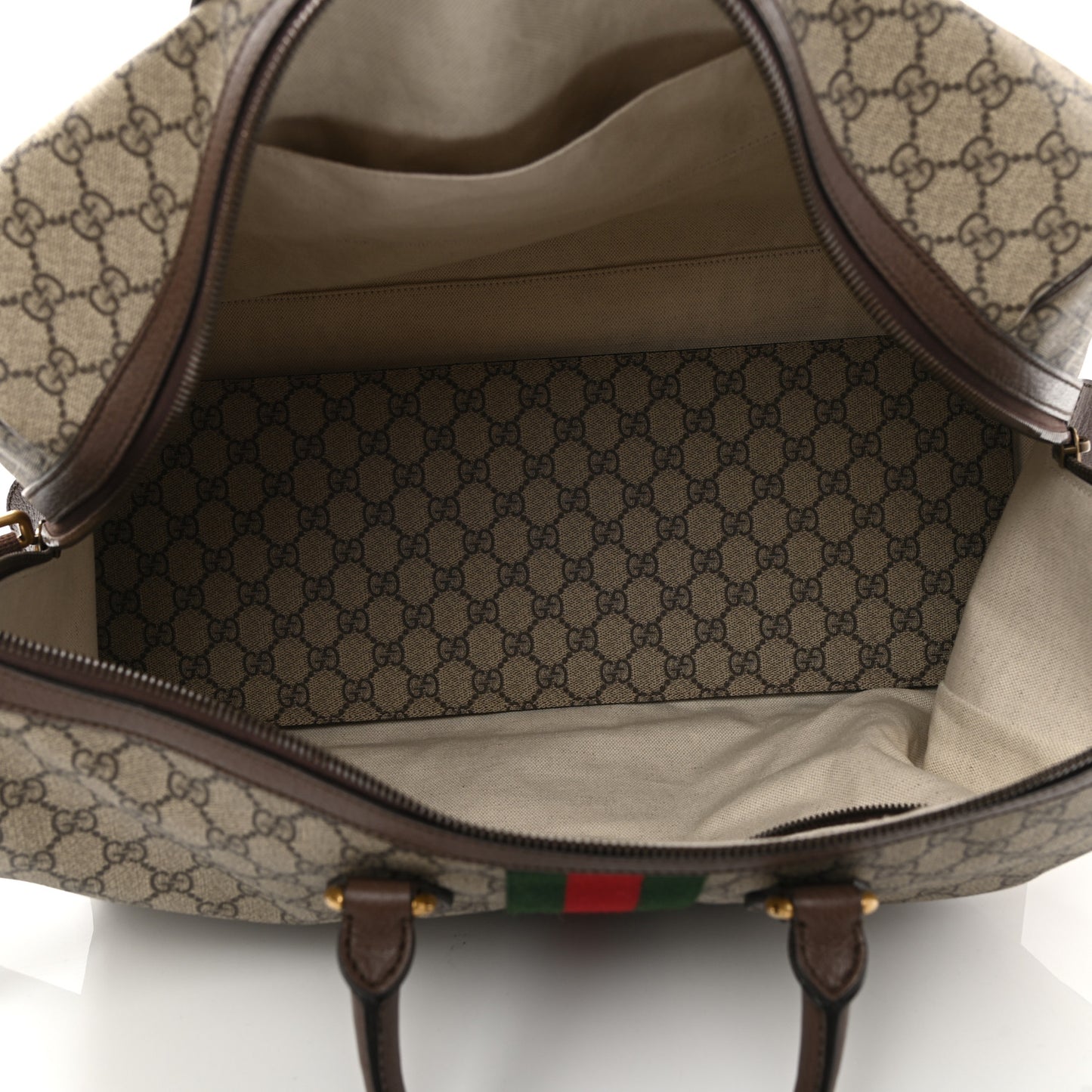 GG Supreme Monogram Textured Dollar Calfskin Web Medium Ophidia Carry-On Duffle Bag Beige Ebony New Acero