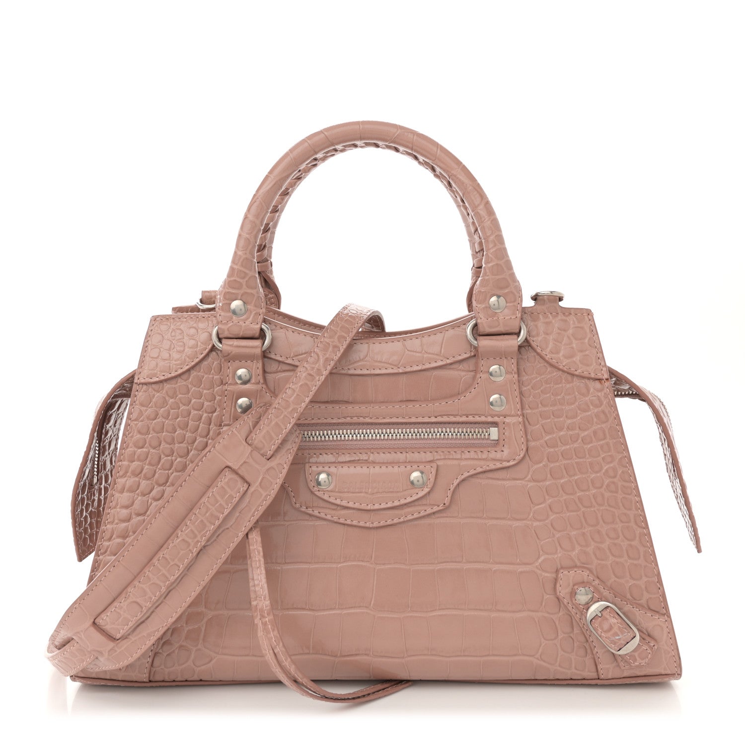 Balenciaga Shiny Supple Calfskin Crocodile Embossed Neo Classic Silver Hardware S City Nude Beige 1 of 13