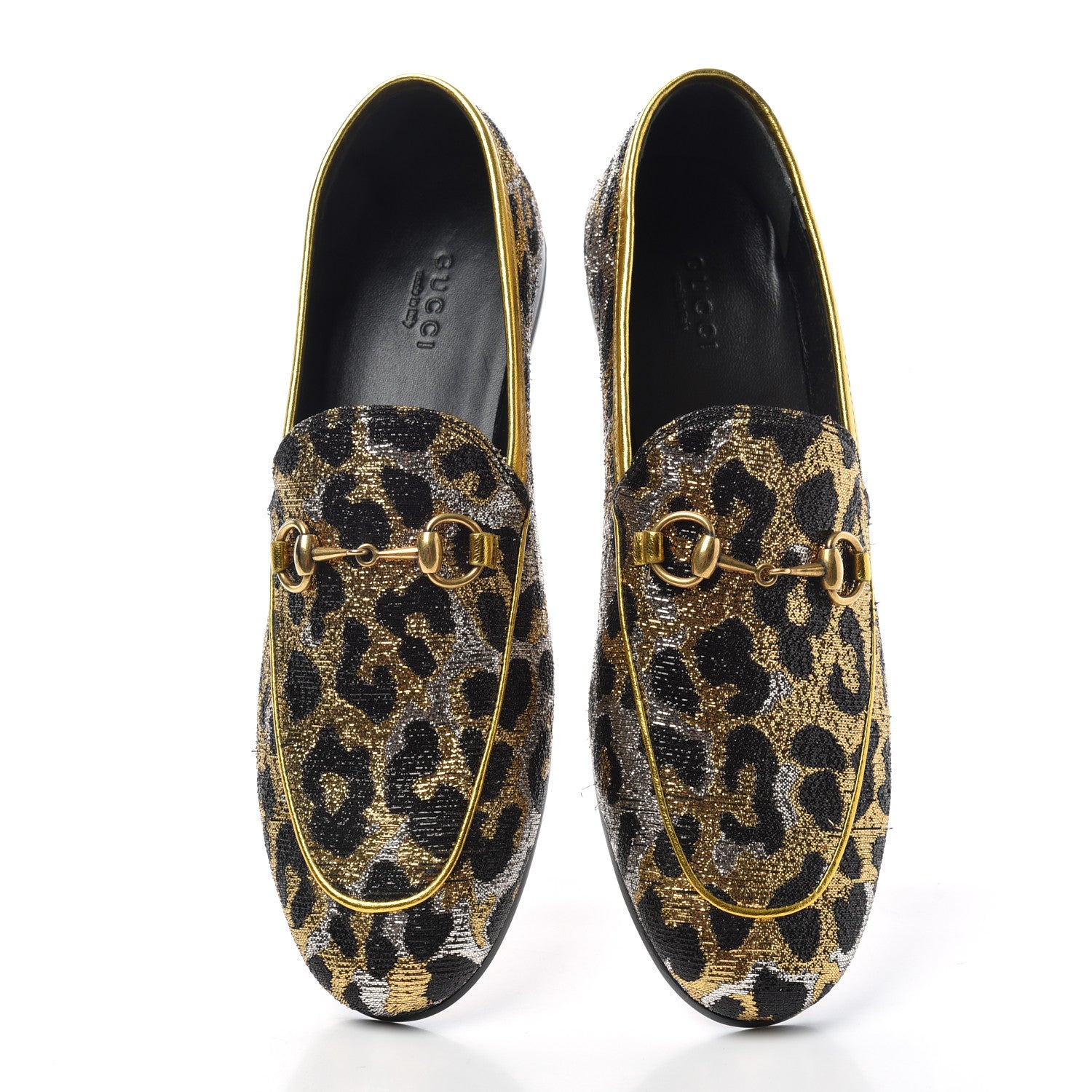 Gucci Jacquard Leopard Print Horsebit Womens Jordaan Loafers 37.5 Gold 5 of 11
